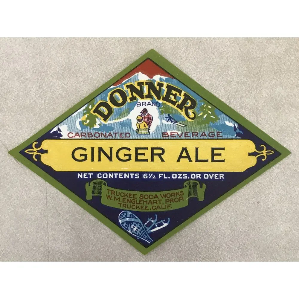 Vtg Donner Brand Ginger Ale Carbonated Beverage Truckee California Soda Label